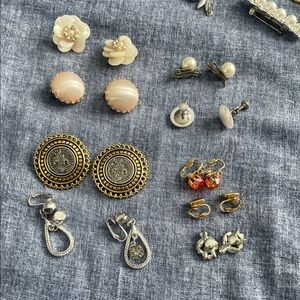 Assorted Women's Clip-On and Stud Earrings Set in Cream, Gold, Silver